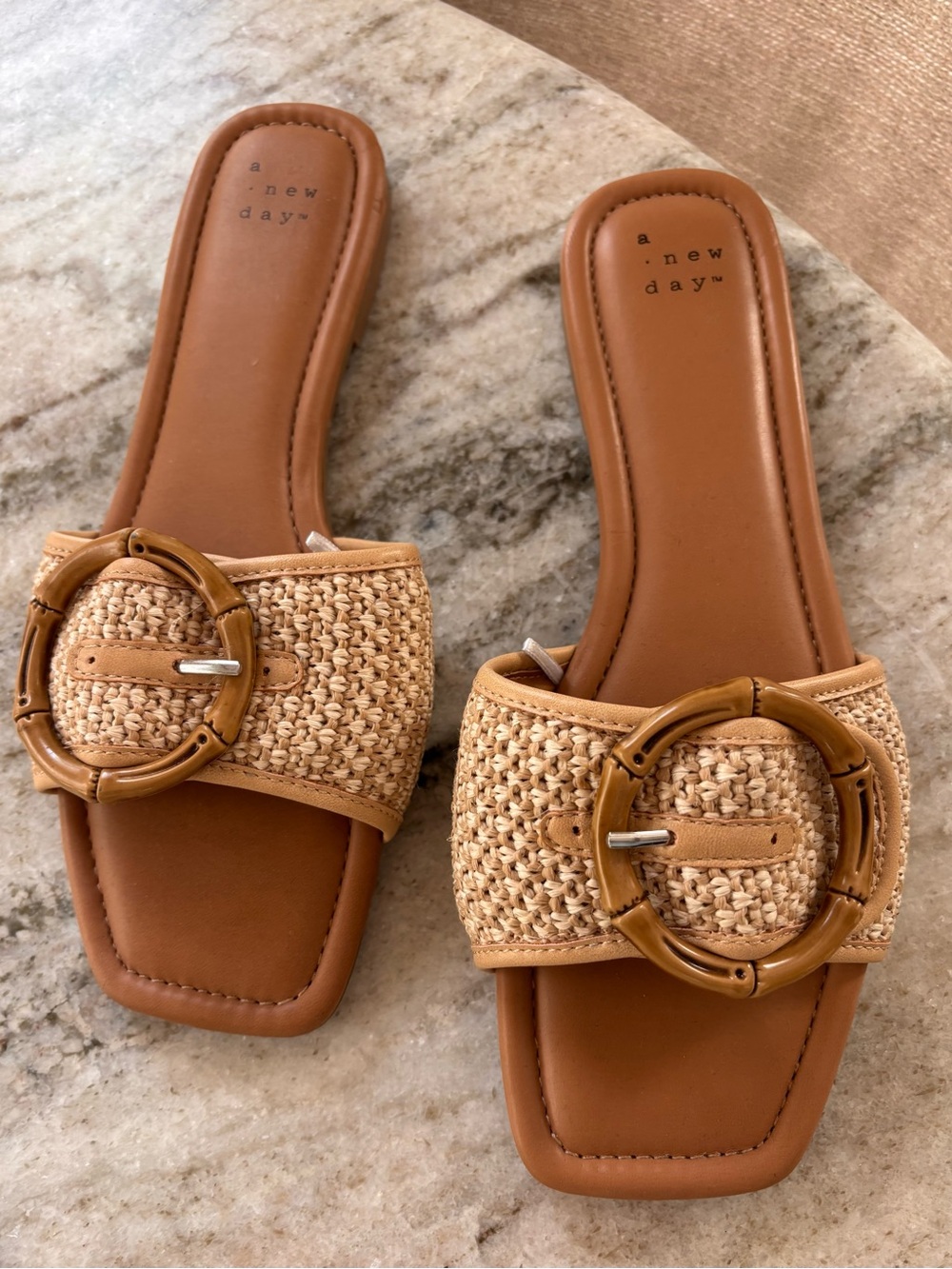 a new day Tan Raffia Slide Sandals with Round Buckle